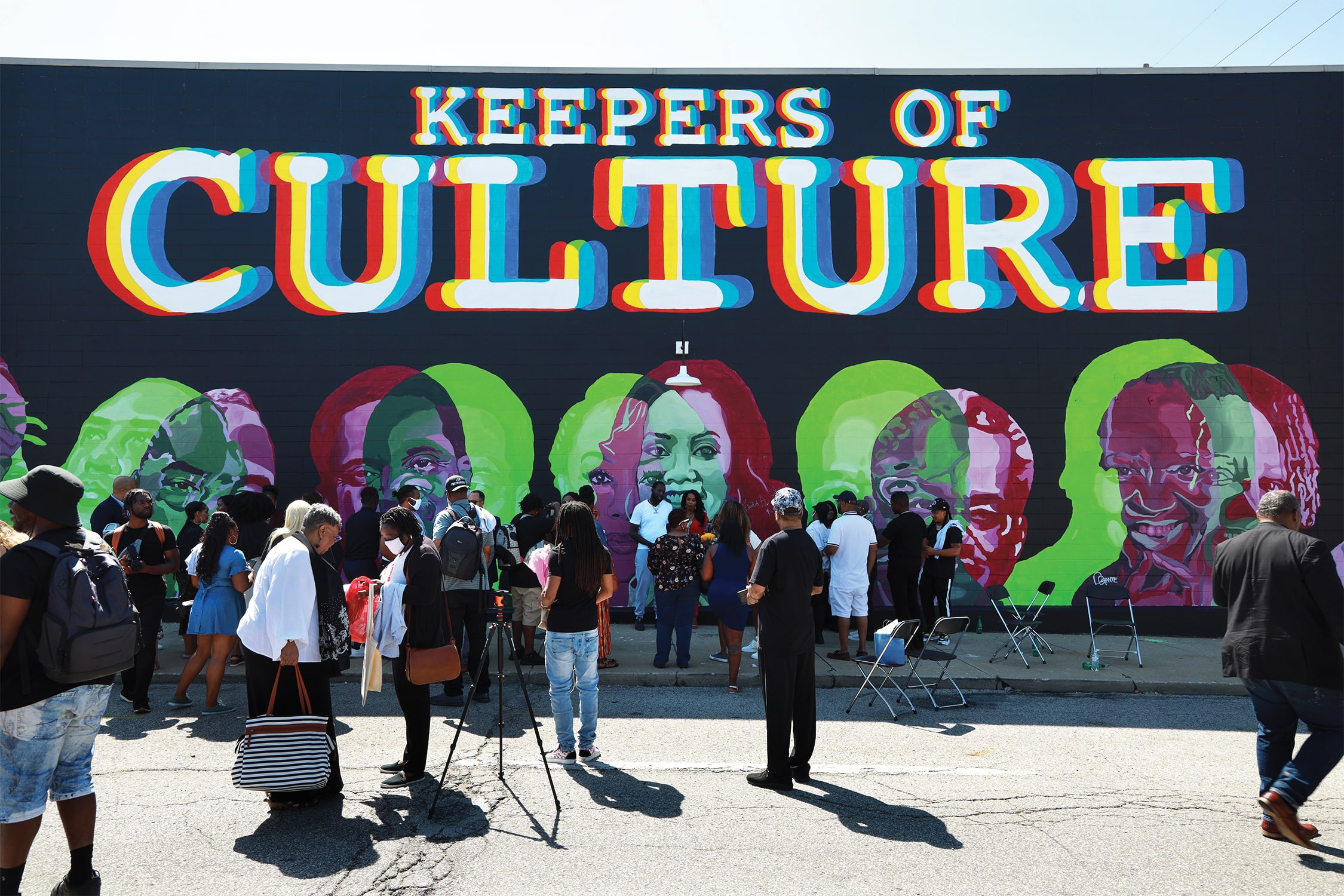 People gather at an event downtown